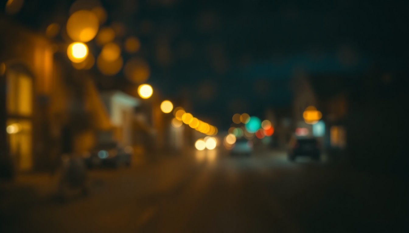 An abstract, impressionistic scene of a dimly lit street in a small Montana town, with soft, blurred pools of warm light creating an atmospheric, almost dreamlike quality, capturing the frontier-era energy that still lingers in these communities.