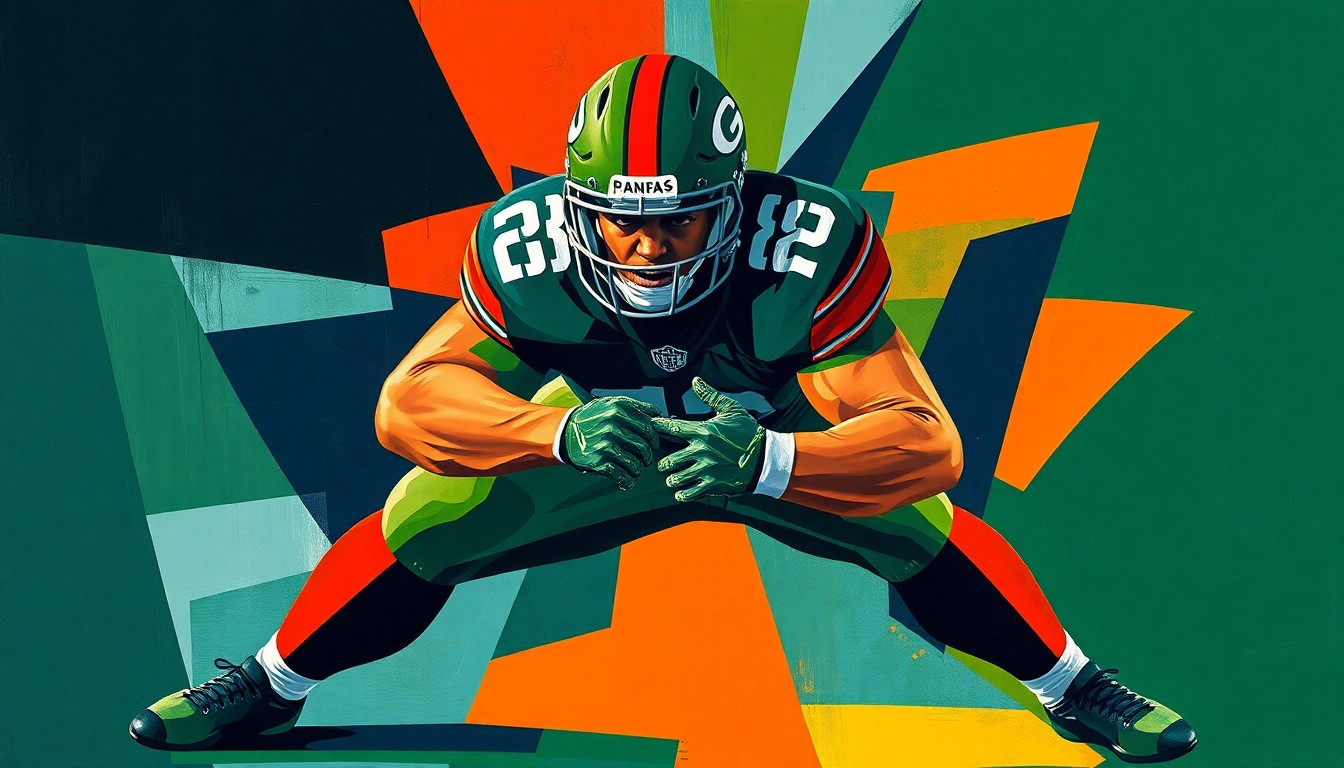 A fragmented, geometric painting depicting the forceful blocking motion of a football player, with sharp planes of color and overlapping shapes conveying the power and athleticism of the sport.