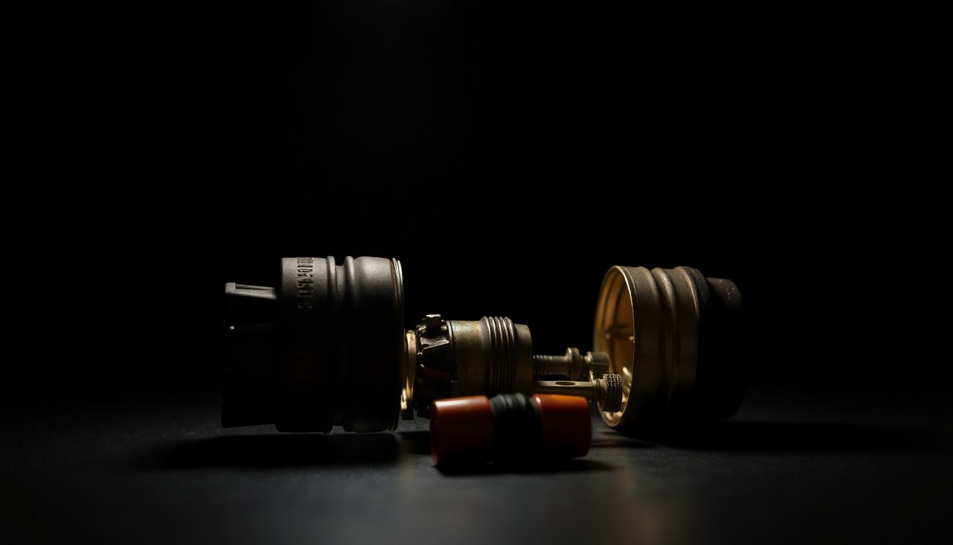 An extreme close-up photograph of a partially disassembled homemade explosive device, capturing the intricate details and materials in stark contrast against a dark background, conceptually illustrating the threat of domestic terrorism.