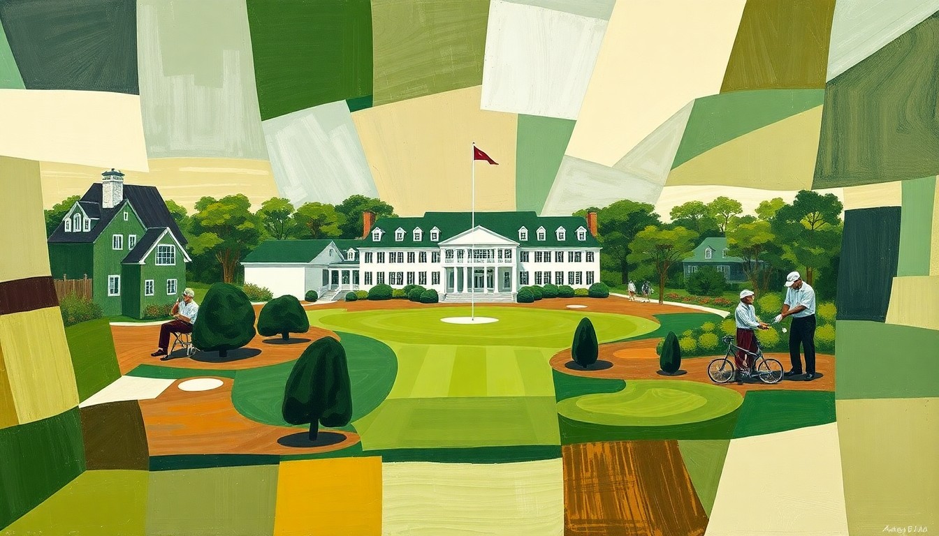 A cubist, geometric painting depicting the iconic Augusta National clubhouse and golf course, with the buildings and landscape broken down into sharp, overlapping planes of color, conceptually representing the club's strict control over access to the Masters tournament.