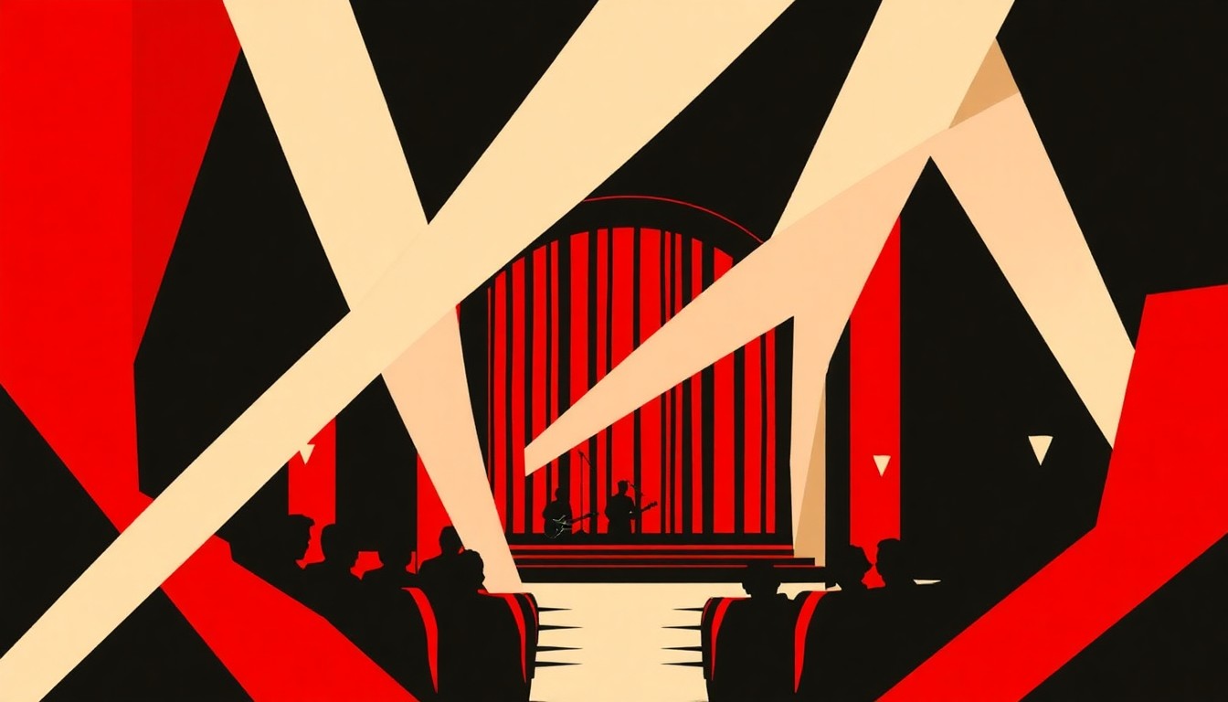 An abstract illustration featuring bold, geometric shapes in deep red, black, and white, conceptually representing the classic country music and community theater setting of the 'Rowan's Night of Country Music' event.