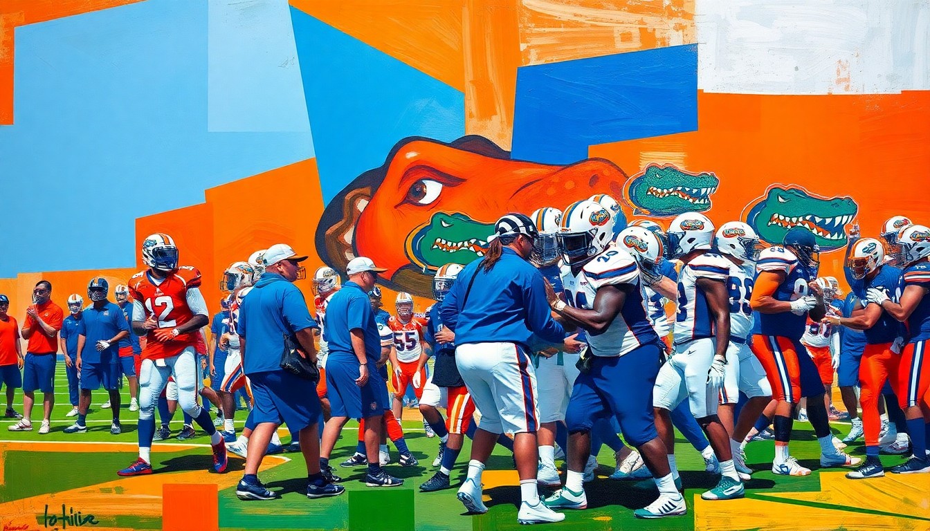 A fragmented, geometric painting in bold oranges, blues, and whites depicting the energy and effort of a Florida Gators football practice, with players, coaches, and equipment broken down into sharp, overlapping planes.