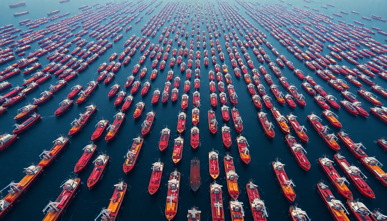 An extreme aerial view of a vast, densely packed grid of oil tankers and cargo ships, visually representing the scale and importance of the Strait of Hormuz as a critical global energy chokepoint.