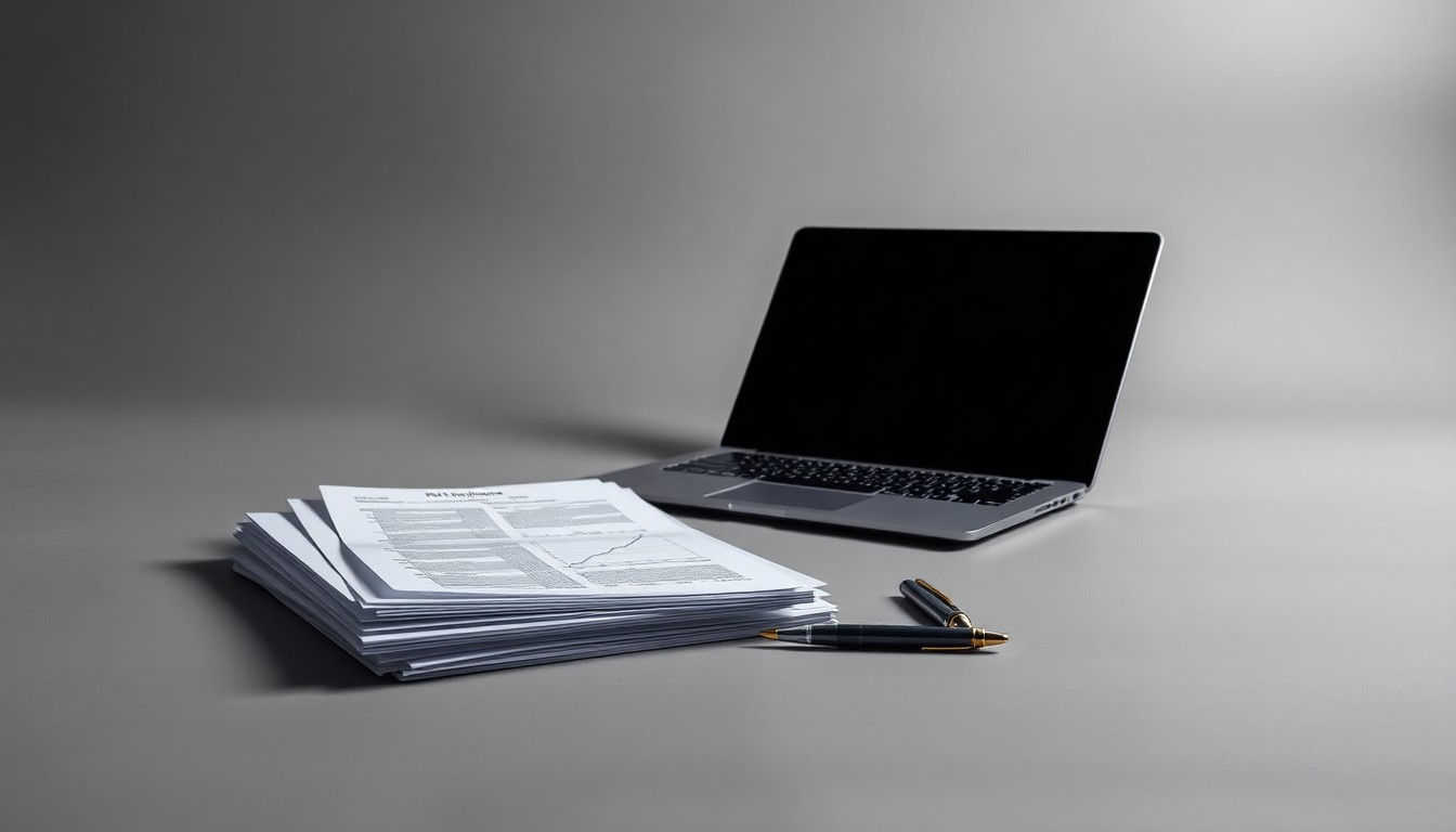 A high-end, photorealistic studio still-life photograph featuring a stack of financial documents, a laptop, and a pen arranged elegantly on a clean, grey seamless background, conveying a sense of uncertainty and disruption in the software industry.