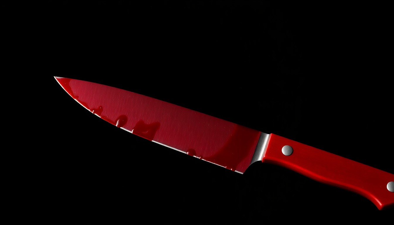 An extreme close-up of a single bloody knife blade against a pitch-black background, lit dramatically by a harsh camera flash to create a stark, gritty, investigative aesthetic without showing any graphic violence.