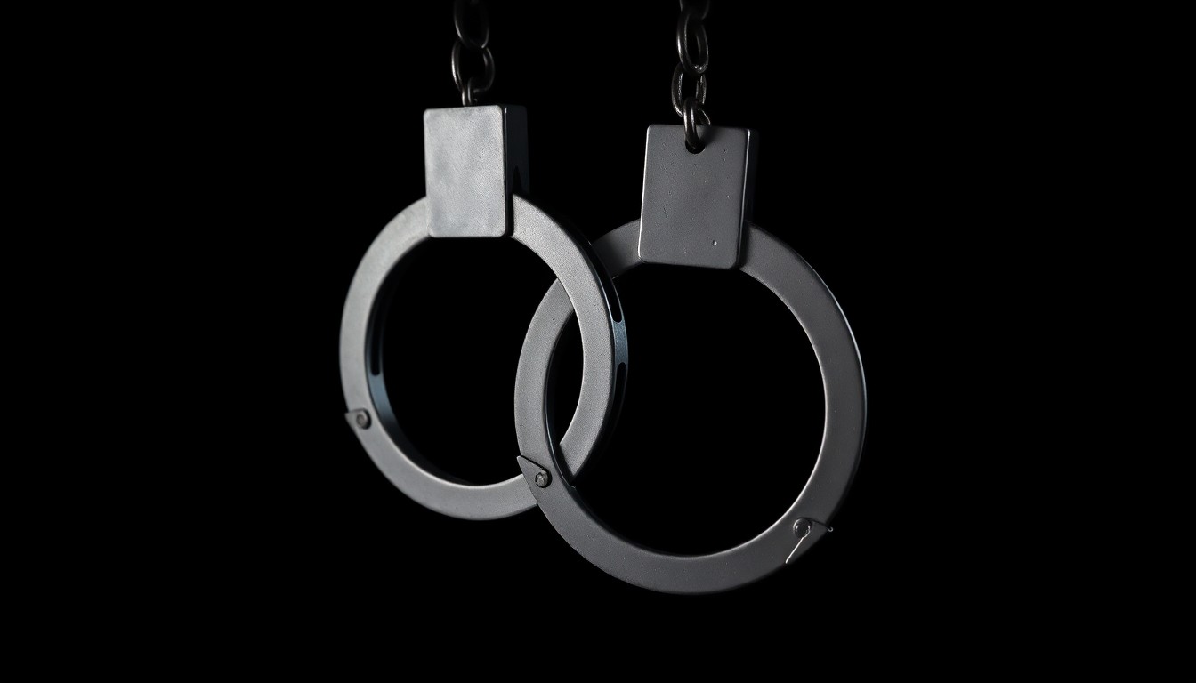An extreme close-up photograph of a pair of handcuffs against a pitch-black background, lit by a harsh, direct camera flash, creating a stark, gritty, investigative aesthetic.