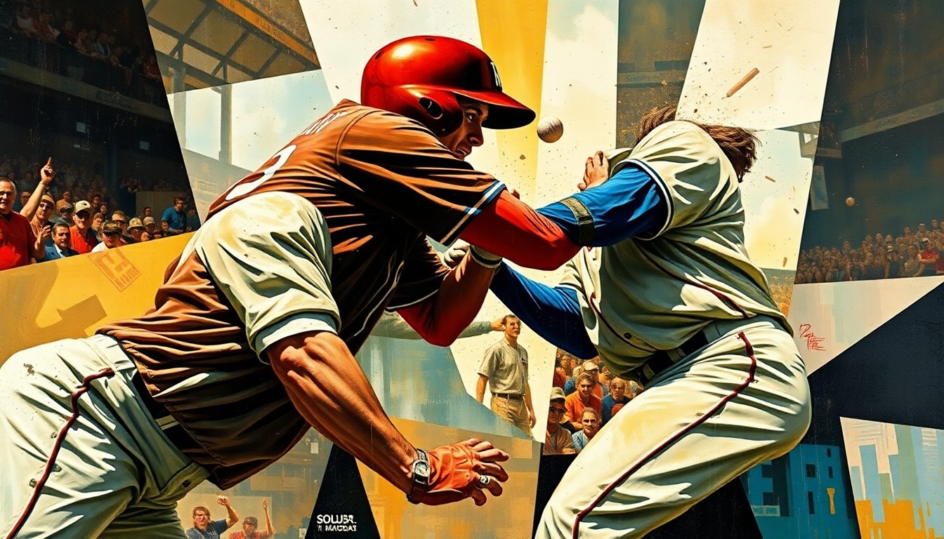 A cubist-style painting featuring sharp, overlapping geometric shapes and planes in shades of blue, red, and yellow, conceptually representing the physical confrontation between two baseball players.