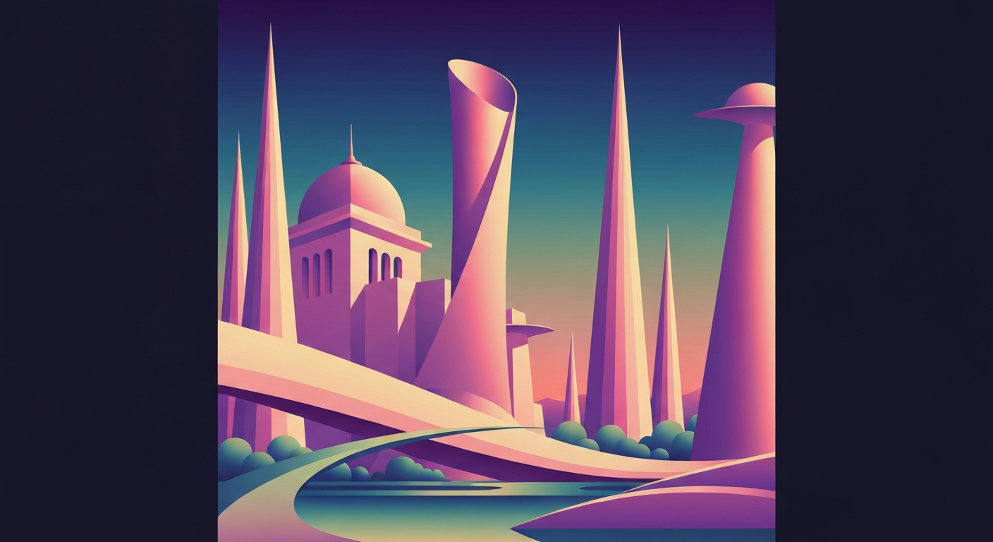 A bold, geometric illustration in the Art Deco style depicting the grand, sweeping architecture of the International Mermaid Museum, with towering forced perspectives and smooth, airbrushed gradients evoking the scale and romance of the museum and its annual festival.