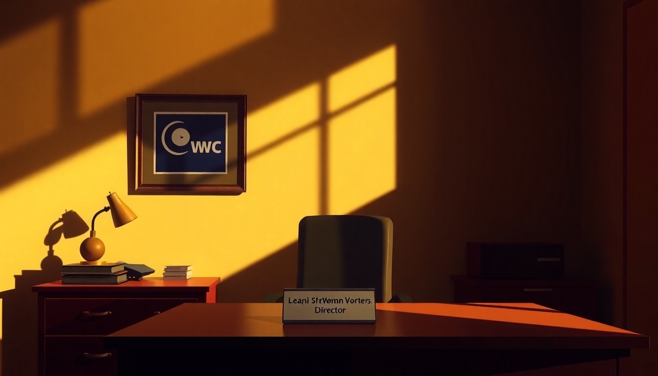 A minimalist, cinematic painting of a solitary office desk with a nameplate and framed photograph, bathed in warm, directional light and deep shadows, conceptually representing the transition of leadership for a nonpartisan civic organization.