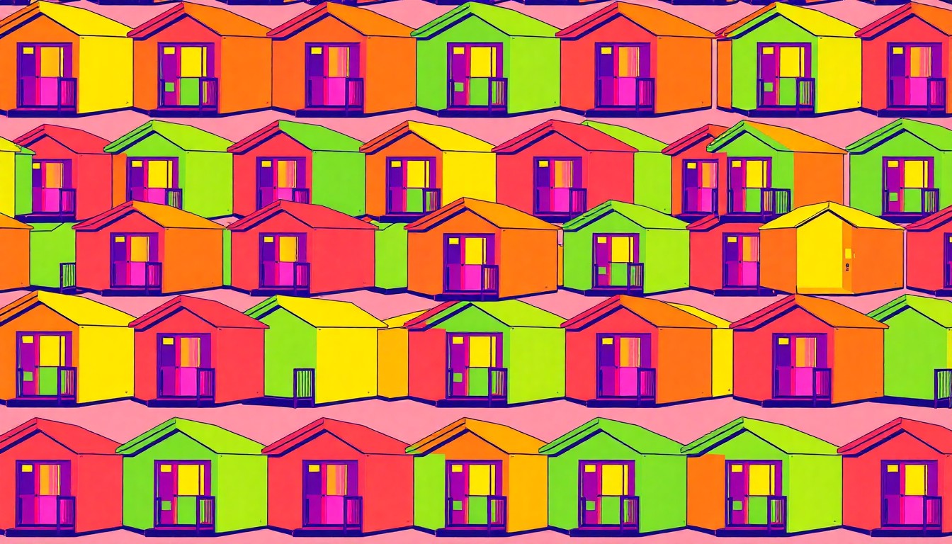 A brightly colored, high-contrast silkscreen print of a small, modern accessory dwelling unit (ADU) repeated in a tight grid pattern, conceptually representing Durham's efforts to address housing affordability through creative solutions.