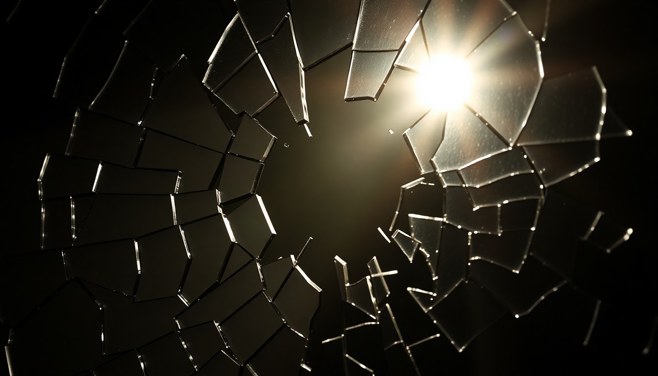 An extreme close-up of a shattered mirror reflecting a single dramatic spotlight, creating an abstract, high-contrast image that captures the complex and multifaceted legacy of actor Alan Rickman.