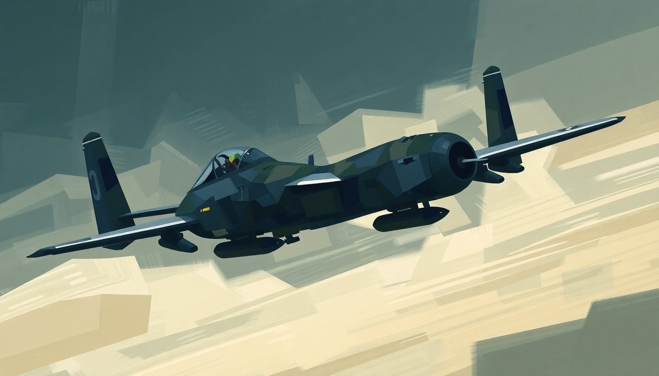 A fractured, abstract painting depicting an A-10 Thunderbolt II attack aircraft in flight, with overlapping geometric shapes and waves of color conveying a sense of speed and motion, conceptually representing the Idaho Air National Guard's involvement in the military operation against Iran.