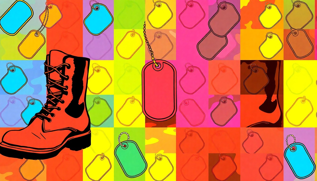A high-contrast silkscreen print of a military dog tag repeated in a grid pattern, using bold neon colors and heavy black outlines to create a modern pop art style representation of military service.