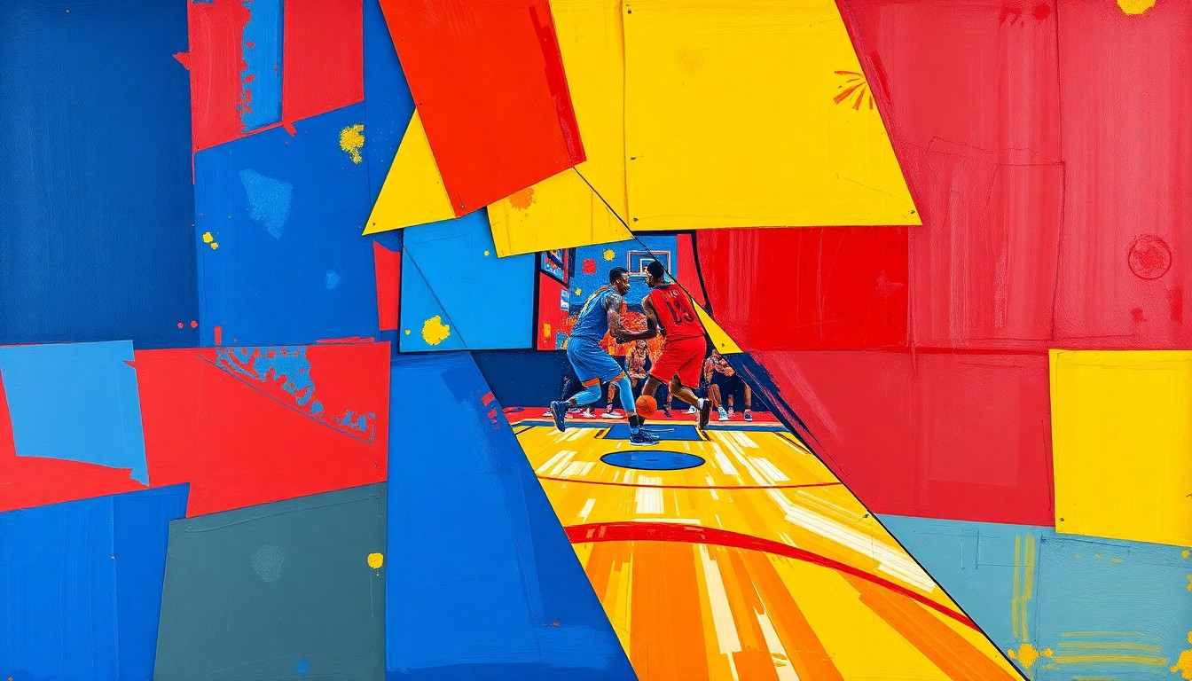 A cubist, geometric painting depicting a fragmented basketball court scene, with overlapping shapes and planes in vibrant colors representing the disruption caused by Massamba Diop's transfer.
