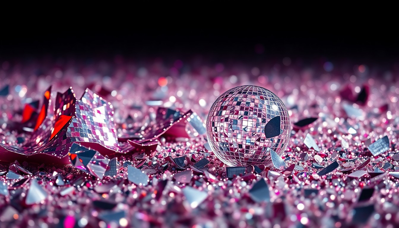 An extreme close-up photograph featuring a dramatic, high-contrast composition of glittering sequins and shattered glass, conceptually representing the glamour and excitement of late-night television.