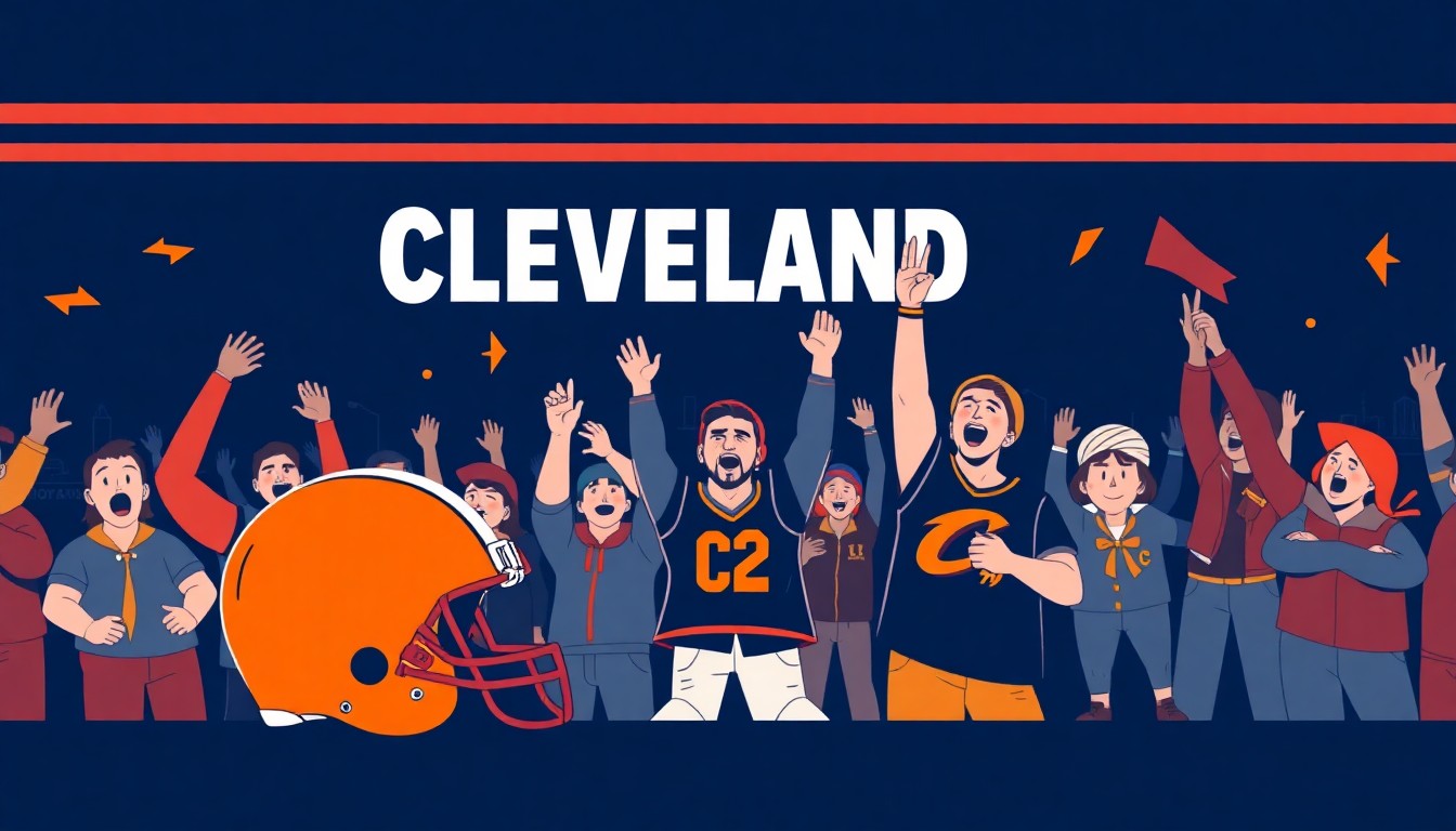 A dynamic, abstract illustration using bold brushstrokes and a vibrant color palette of navy blue, orange, and gold to capture the energy and anticipation of Cleveland sports fans as they look ahead to the next phase of their teams' seasons.