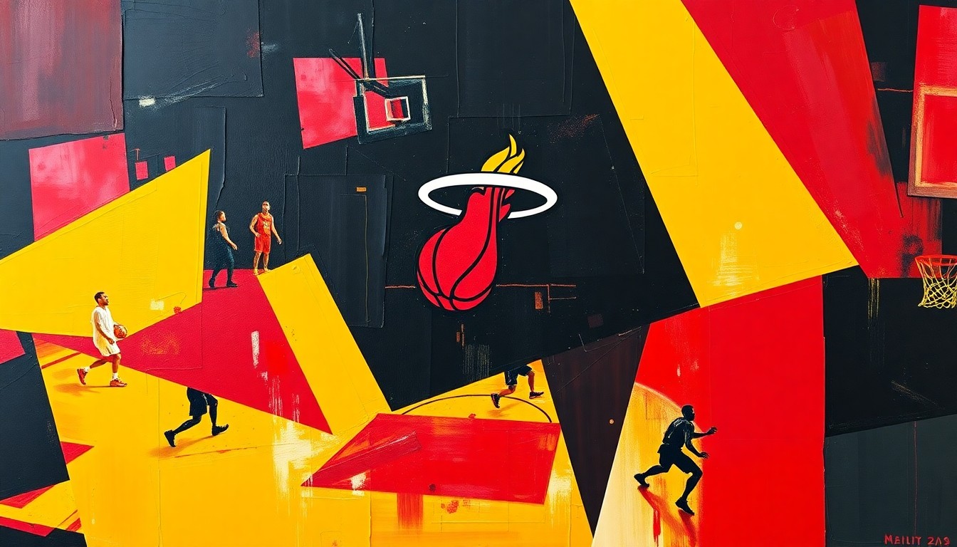 A fragmented, cubist-style painting depicting a basketball game or match, with the players and court broken down into sharp, overlapping geometric shapes in the colors of the Miami Heat - red, yellow, and black. The image conveys a sense of chaos and disarray, reflecting the team's on-court struggles.
