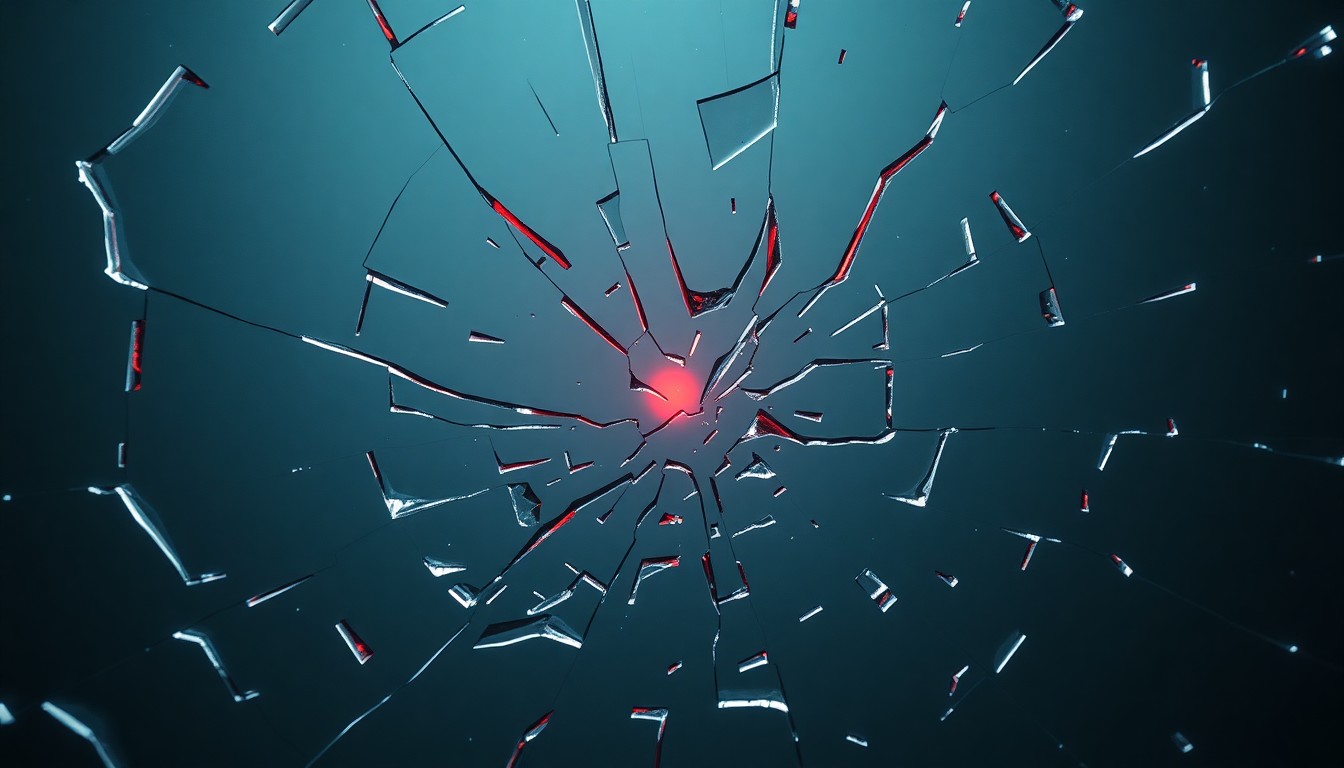 An extreme, abstract close-up photograph of shattered glass reflecting a faint red light, capturing the high-stakes drama and corporate scandal behind Jeff Shell's exit from Paramount.