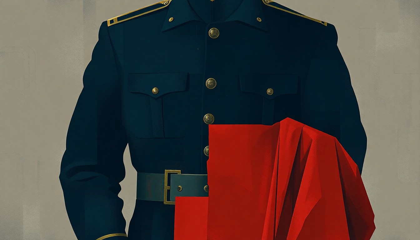 An abstract, fractured painting in shades of navy, gray, and red depicting overlapping silhouettes of a military uniform and a religious robe, symbolizing the tension between the Pentagon and the Vatican.