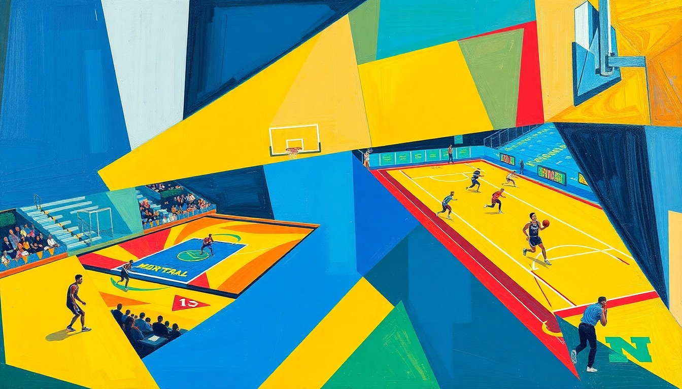 A fractured, cubist-style painting depicting a basketball player and a track and field athlete in dynamic, overlapping geometric shapes and vibrant colors, representing the dual-sport talents of Rae Smart.