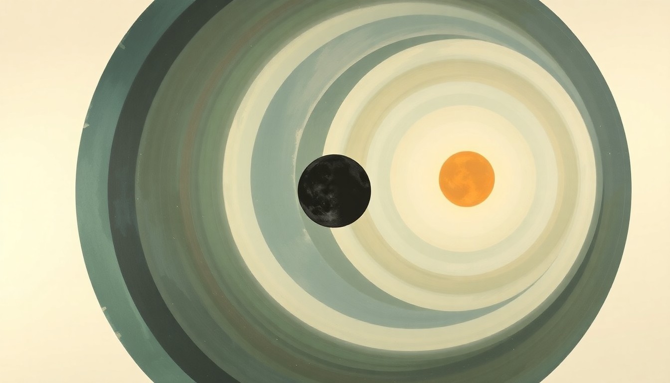 A bold, abstract painting in the style of Hilma af Klint, featuring sweeping geometric arcs, concentric circles, and precise spirals in earthy tones of blue, green, and gold, representing the Artemis II crew's views of the moon, Earth, and a solar eclipse during their historic lunar flyby.