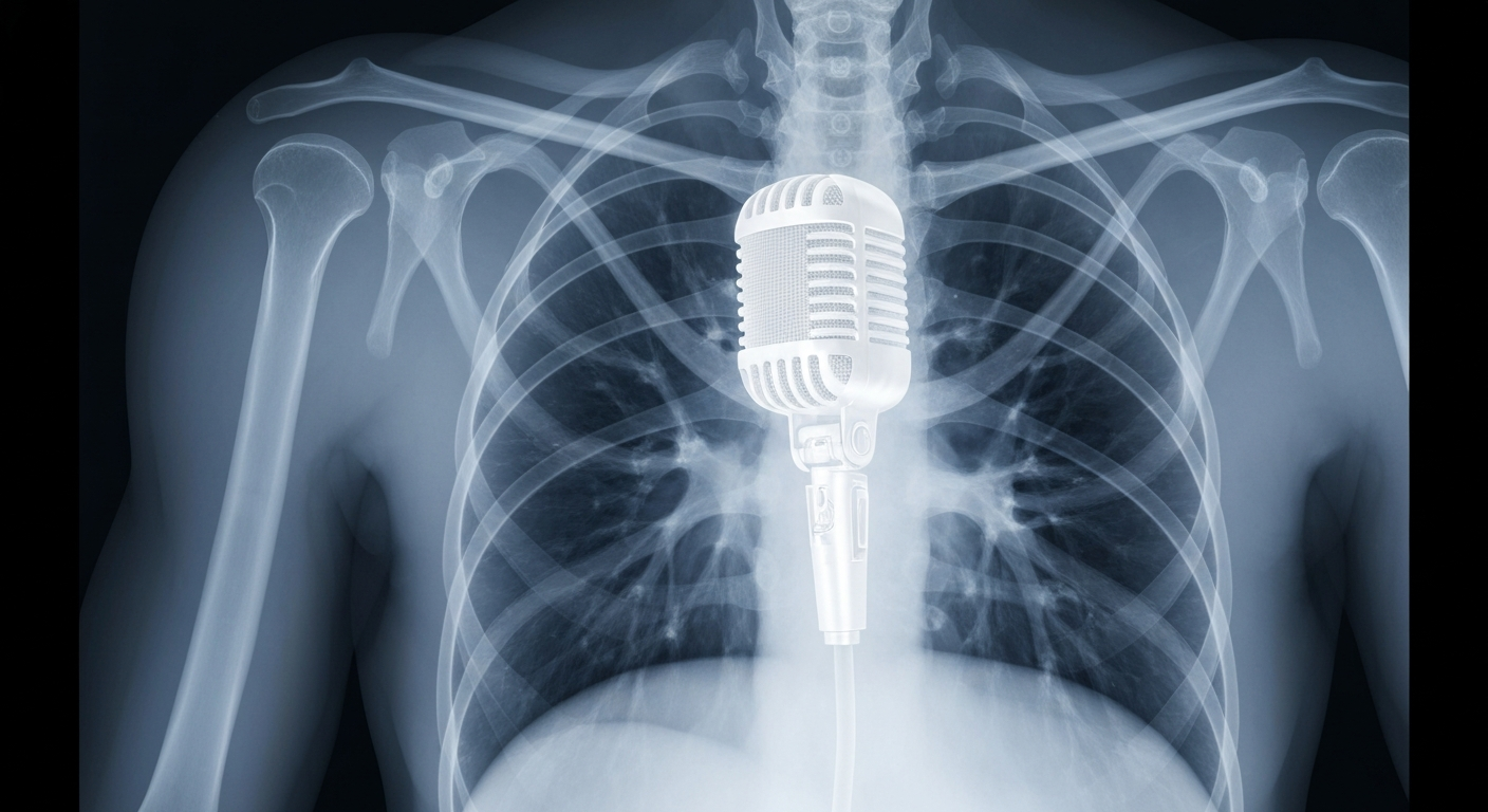A ghostly, translucent X-ray image showing the internal structure of a human chest, with a faint outline of a microphone glowing in the center, representing the voice and spirit of Dick Vitale as he confronts new health concerns.