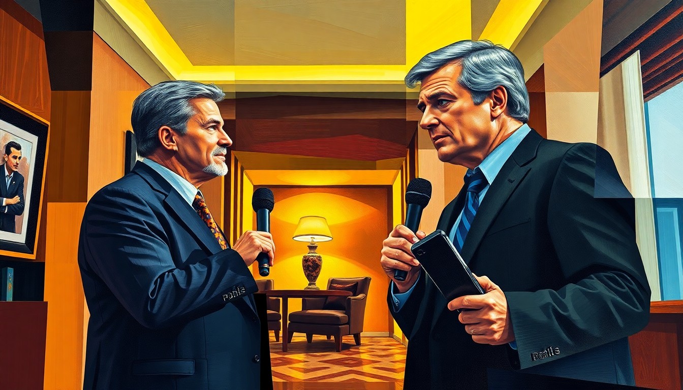 A fragmented, geometric painting depicting the abstract forms of a sports reporter and football coach interacting, conveying the conceptual tension and blurred boundaries of their relationship.