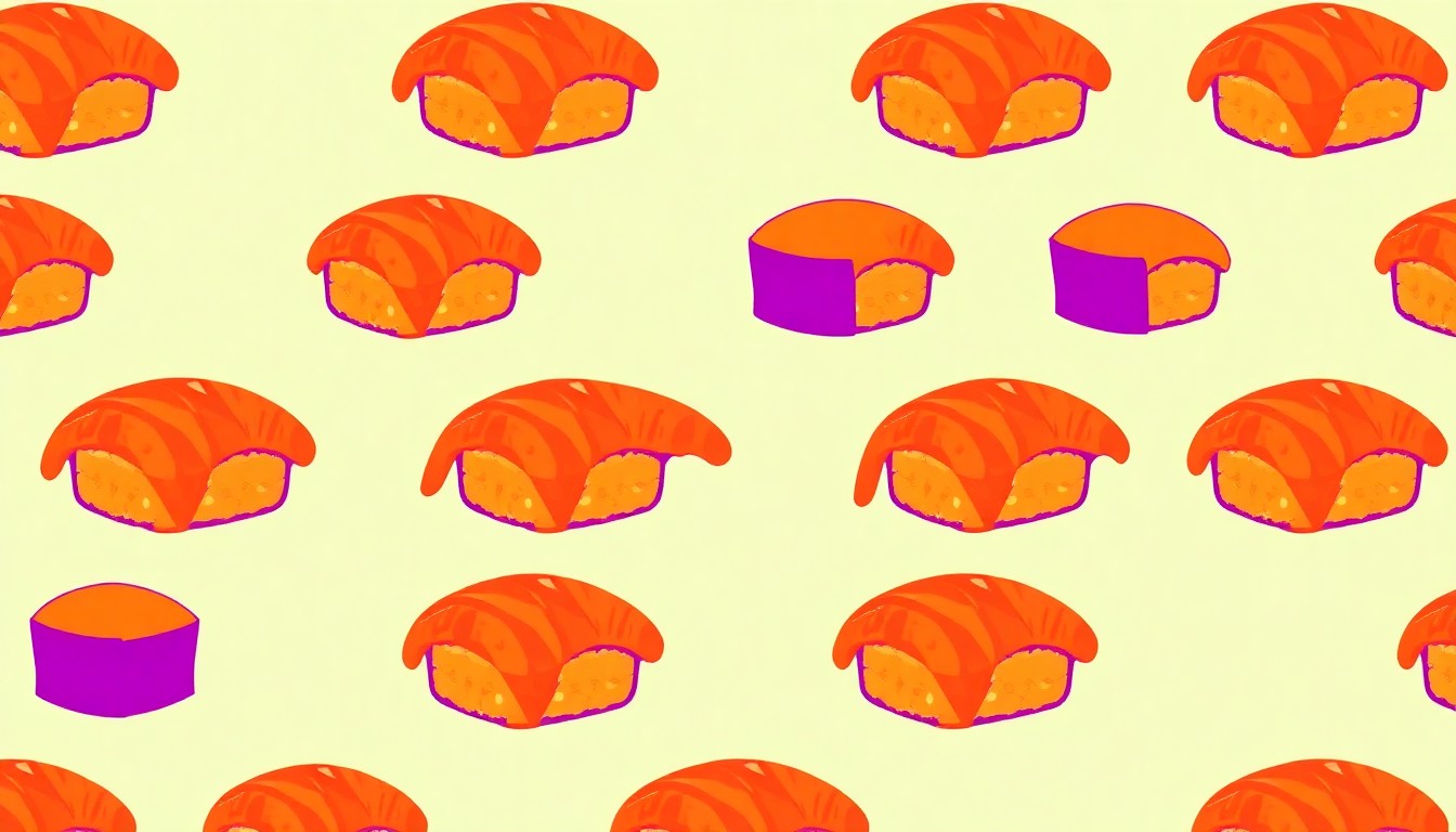 A bold, abstract silkscreen print featuring a repeating pattern of a single, iconic sushi dish in a grid of neon-bright colors and heavy black outlines, conceptually representing the diverse and innovative Japanese-inspired cuisine returning to Cleveland.