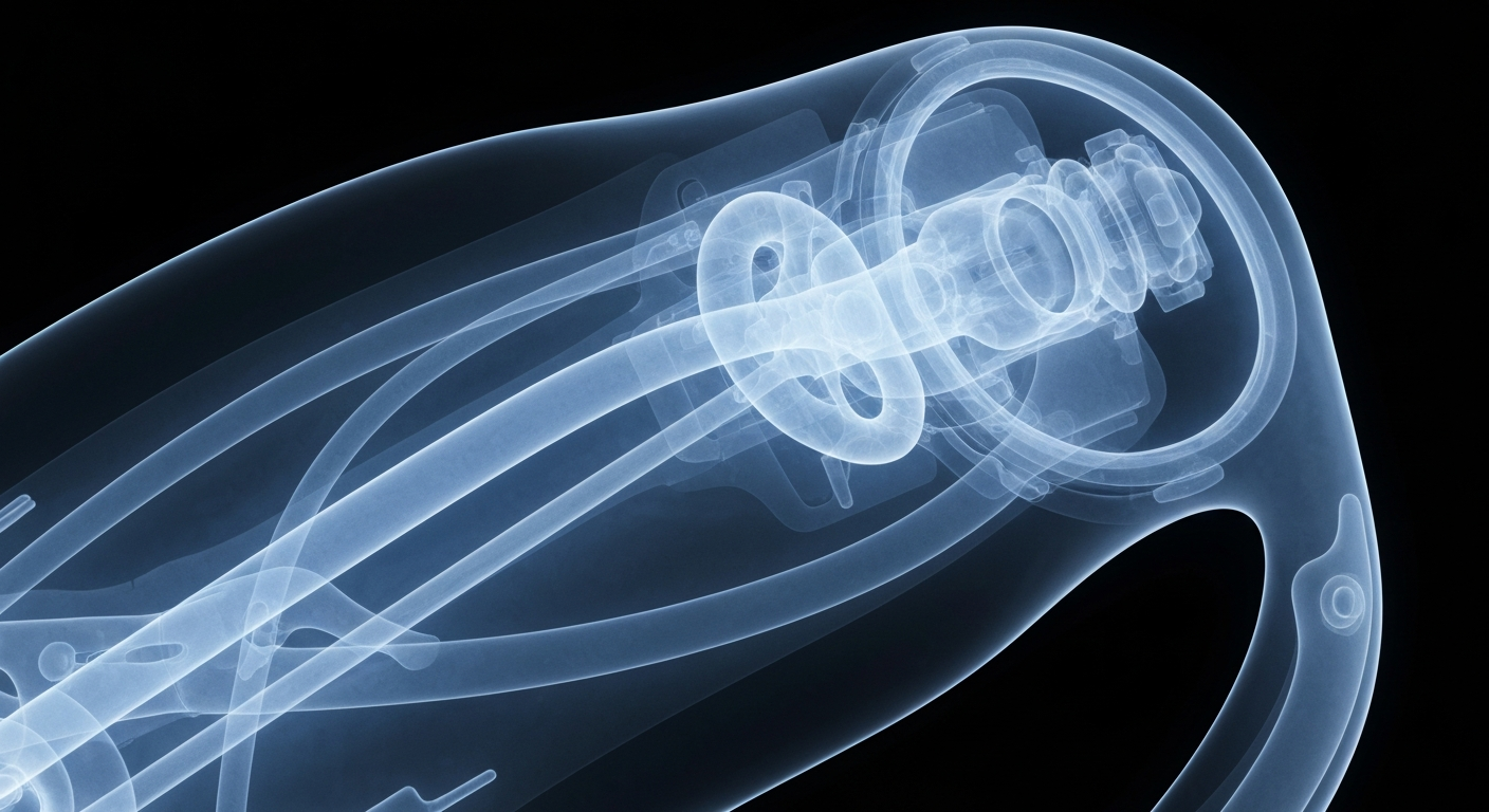 An abstract, ghostly X-ray image revealing the internal components of a wearable drug delivery device, conceptually representing the integration of digital technology and innovative medical technology.