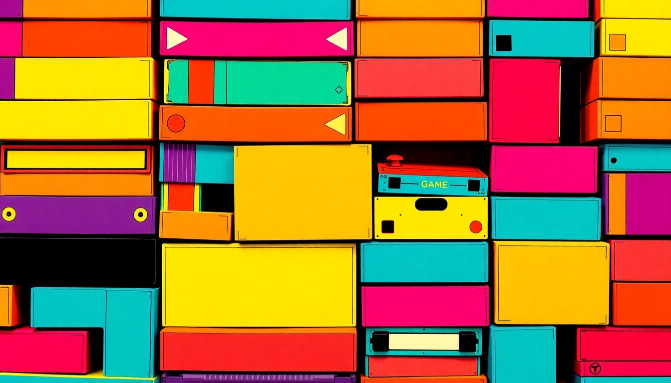 A visually striking, abstract grid of brightly colored board game boxes, conceptually representing the diverse game collection available for students to explore and enjoy.