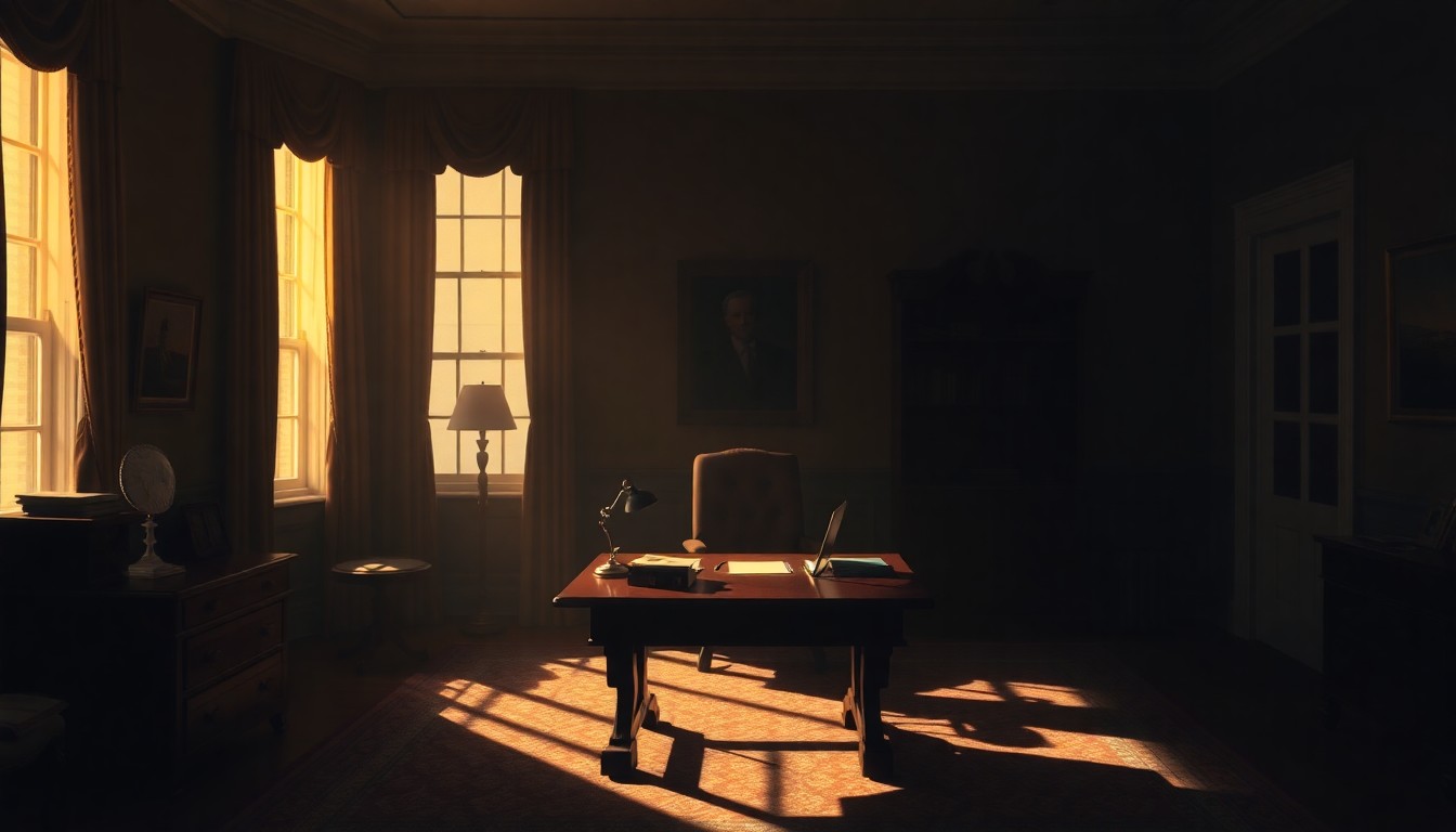 A dimly lit, cinematic painting of a solitary desk in a White House office, with warm sunlight casting deep shadows across the surface, conceptually representing the high-stakes economic decisions facing the administration.