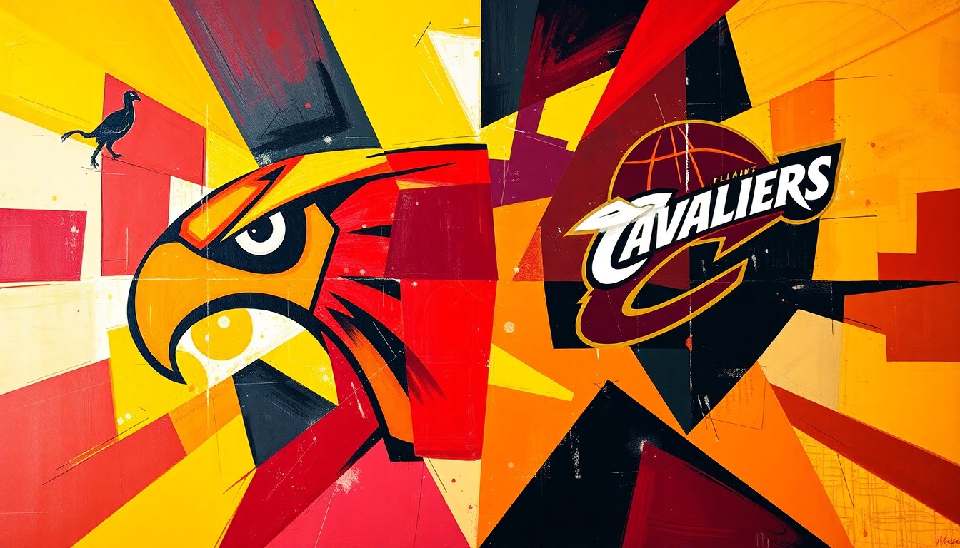 A cubist, geometric painting depicting an abstract basketball game, with sharp planes of red, yellow, black, wine, and gold colors colliding and overlapping to represent the competitive clash between the Atlanta Hawks and Cleveland Cavaliers.