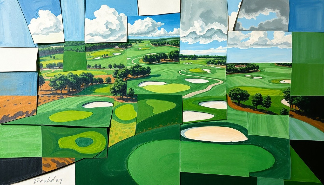 A cubist, geometric painting depicting a fractured, multi-perspective scene of a golf tournament, with overlapping planes of greens, fairways, and sand traps in a vibrant color palette.
