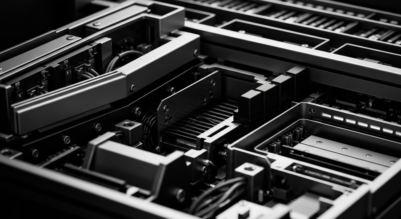 A high-contrast black and white close-up image of the intricate gears, circuits, and machinery that power a modern financial technology system, conveying a sense of the complex infrastructure underlying the industry.