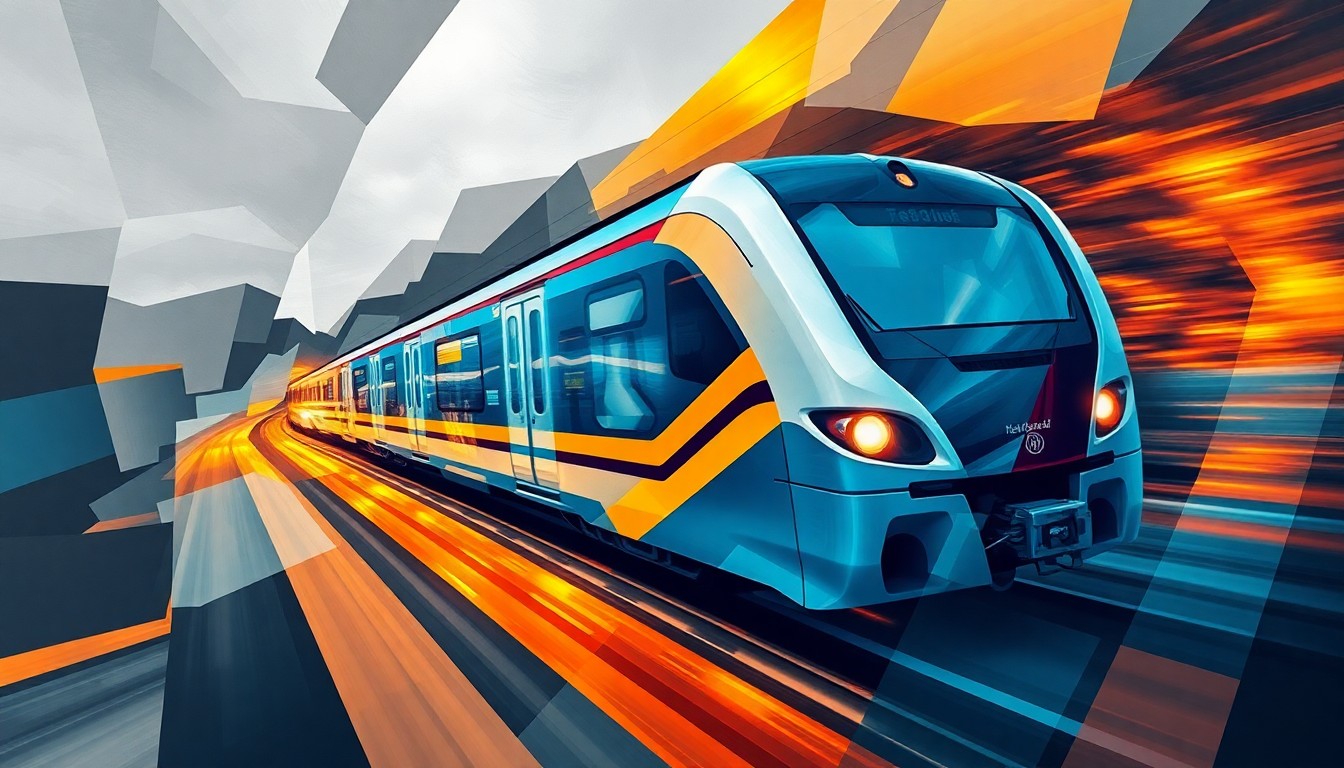 A fractured, abstract painting depicting a high-speed train in motion, with overlapping geometric shapes and waves of color in shades of grey, blue, and orange, conceptually representing the chaos and lack of progress surrounding the California high-speed rail project.