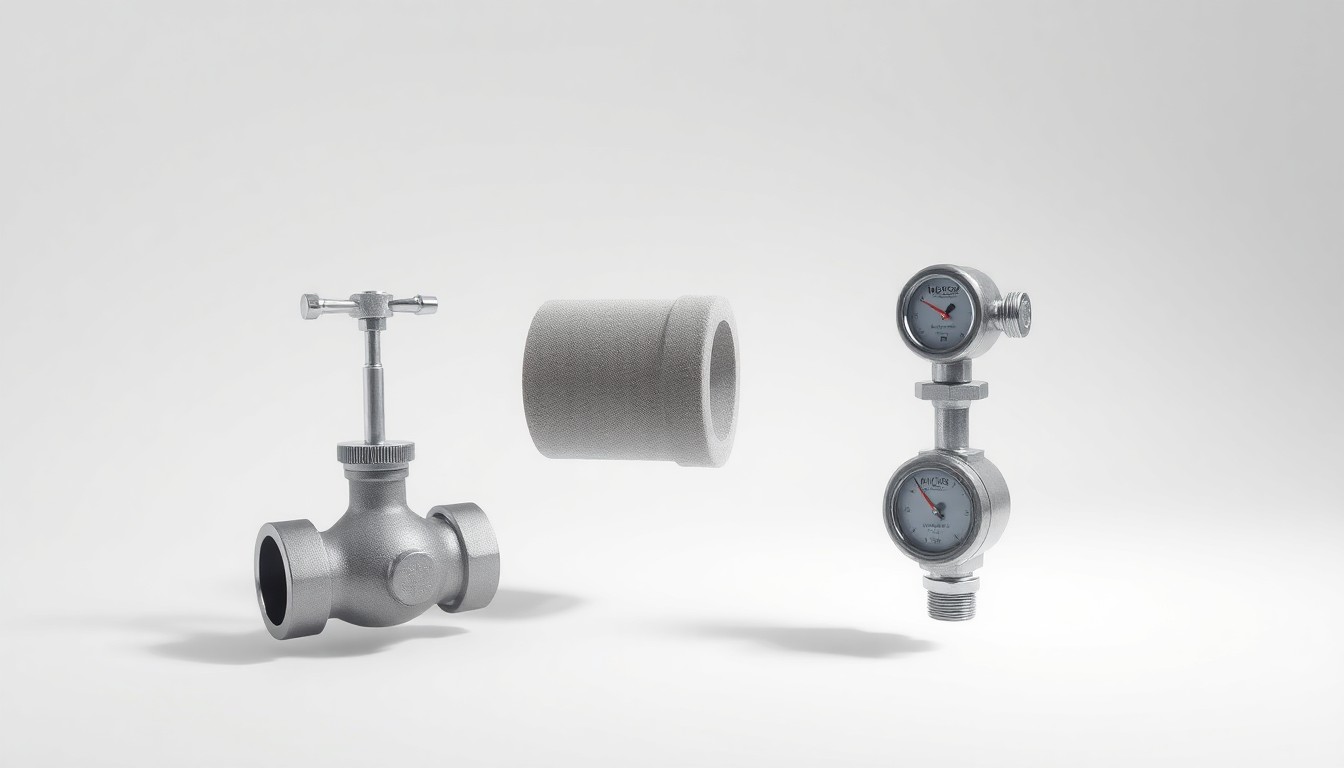 A minimalist studio photograph featuring a polished metal water valve, a smooth concrete pipe segment, and a sleek water meter floating on a clean white background, conceptually representing the abstract challenges of municipal utility management.