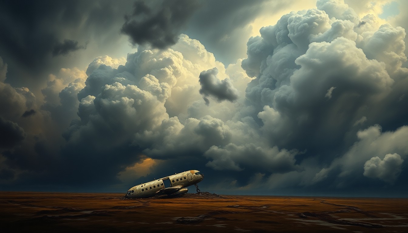 A sweeping, dramatic landscape painting in muted tones of grey, blue, and green, depicting a small, damaged plane wreckage partially obscured by heavy, foreboding clouds and atmospheric conditions, conveying the fragility of human technology in the face of extreme weather.