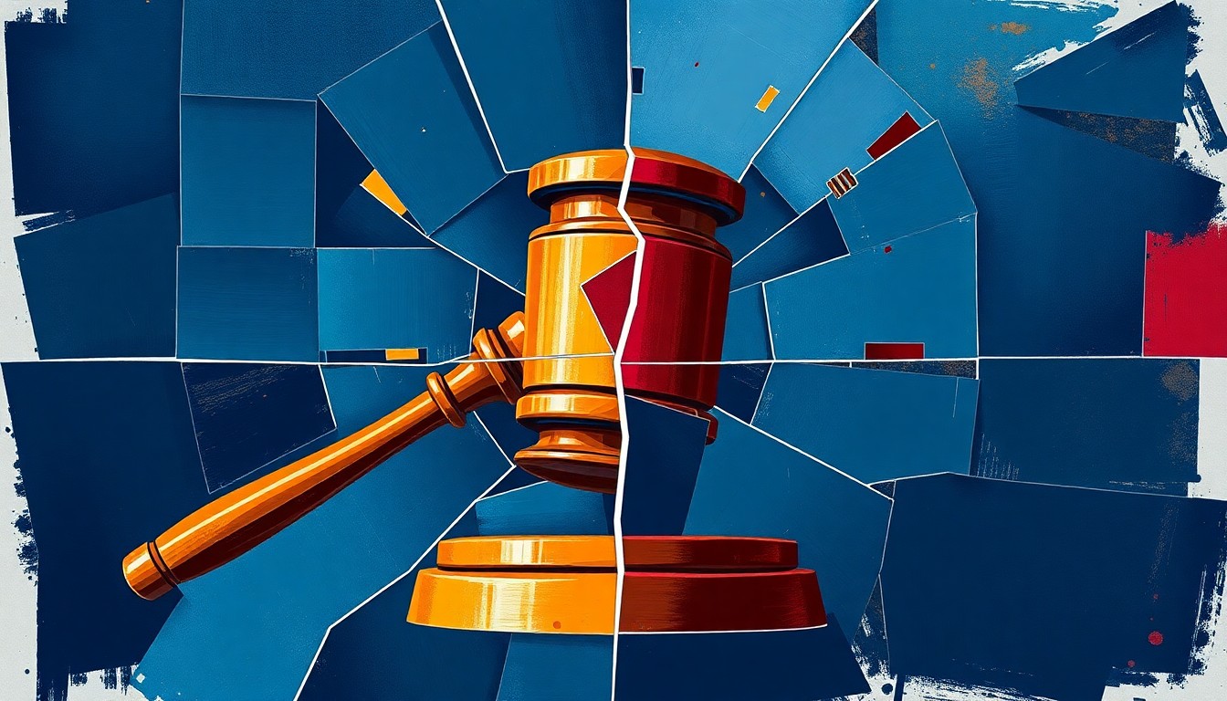 A dynamic, fragmented painting of a gavel or other political symbol, rendered in bold, clashing colors that convey a sense of political upheaval and division.