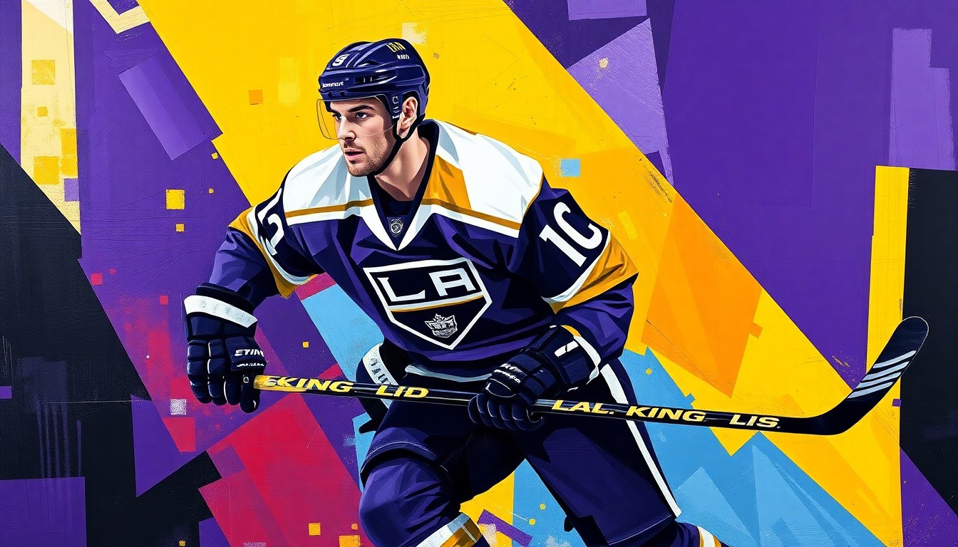 A cubist, geometric painting depicting a hockey player in motion, with sharp, overlapping planes of color representing the LA Kings' uniform.