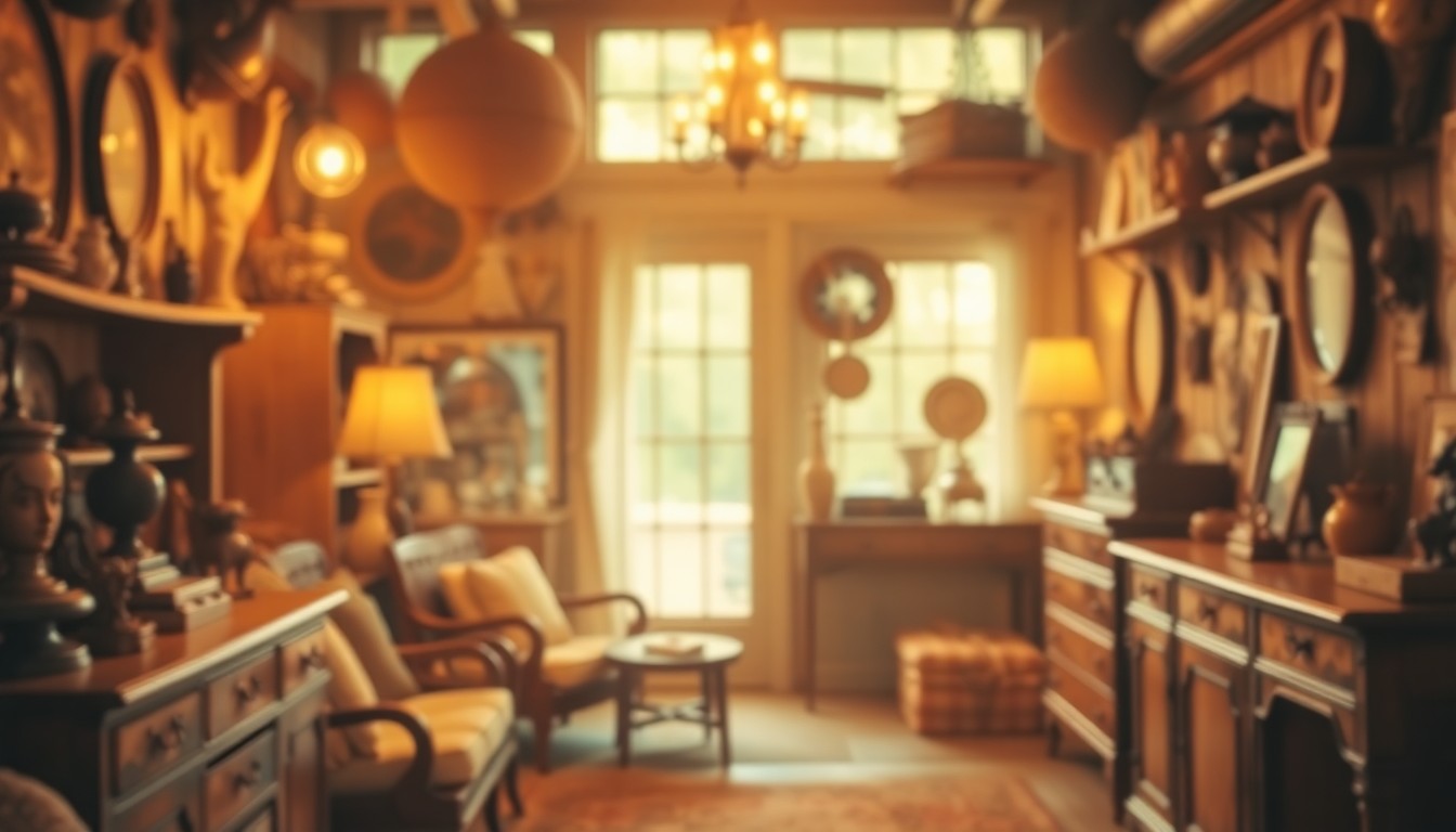 A soft, hazy photograph depicting an intimate interior scene with vintage furniture, decor, and lifestyle objects in warm, nostalgic tones, conceptually representing the cozy, dreamlike atmosphere of the Burlap at the Lakes store.