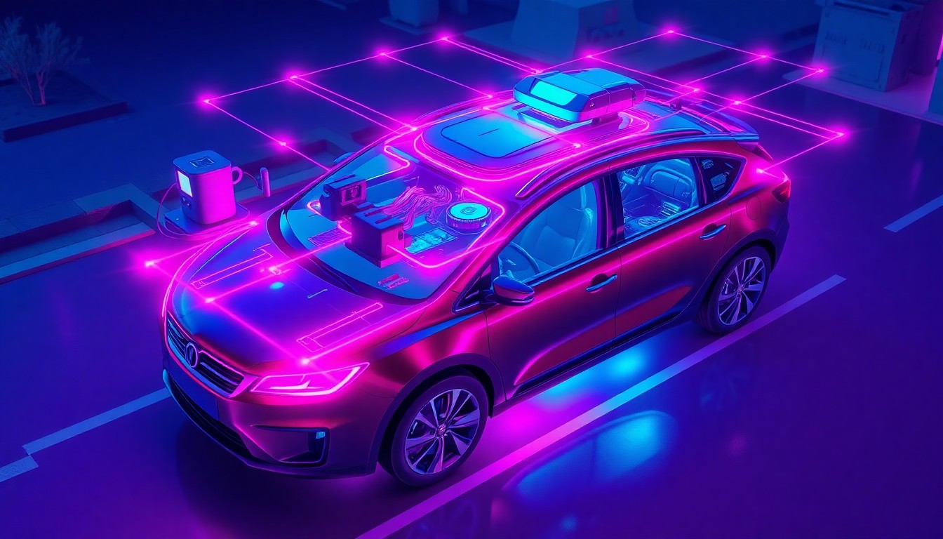 A highly detailed, glowing 3D illustration of an autonomous vehicle's sensor array, with neon cyan and magenta lights illuminating the complex network of cameras, radar, and lidar components, conceptually representing the advanced technology behind self-driving cars and the need to address community concerns about their deployment.
