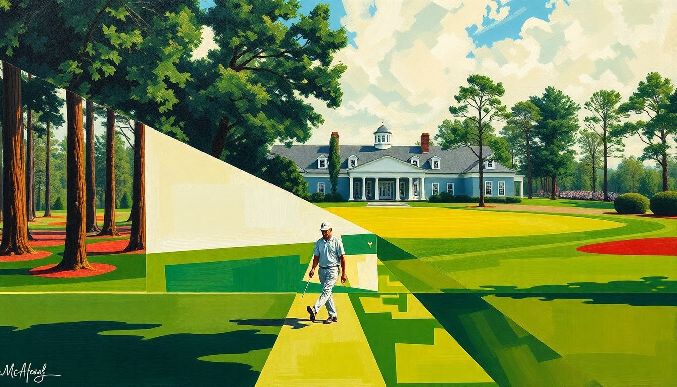 A cubist, geometric painting depicting a golfer walking on the grounds of Augusta National Golf Club, with the iconic clubhouse visible in the background, all rendered in a fractured, multi-perspective style.