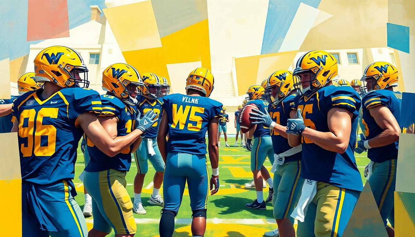A cubist, geometric painting depicting fragmented views of a college football practice, with players' bodies and equipment broken down into sharp, overlapping planes of vibrant blue and gold colors.