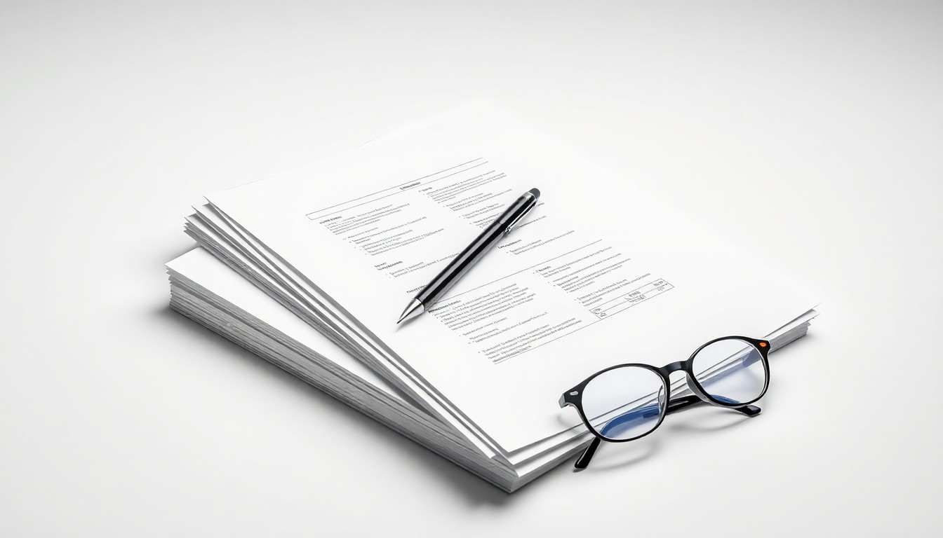 A photorealistic studio still life featuring a stack of corporate documents, a pen, and reading glasses arranged on a clean white background, conceptually representing the abstract strategy and governance behind a public company's shareholder vote.