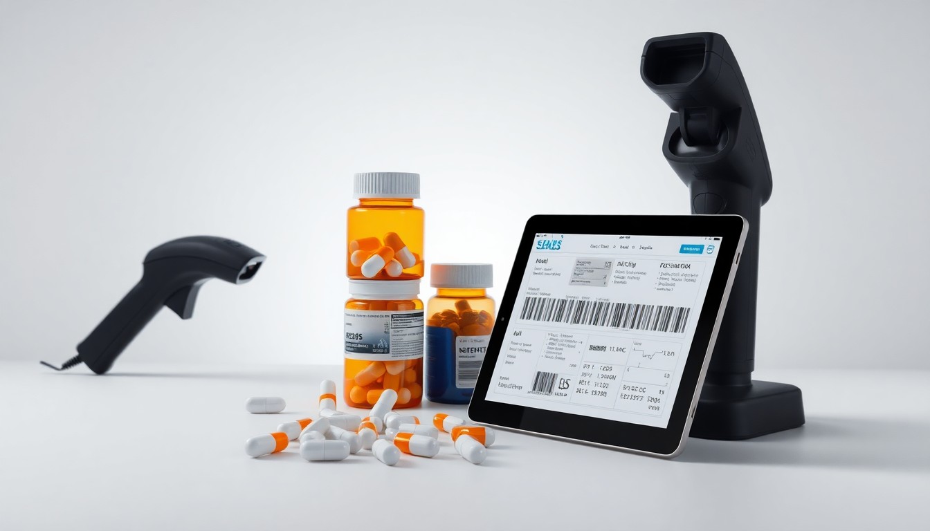 A photorealistic studio still life featuring pharmaceutical pill bottles, a barcode scanner, and a tablet displaying supply chain data, conceptually representing the abstract ideas of supply chain compliance and pharmaceutical track-and-trace.