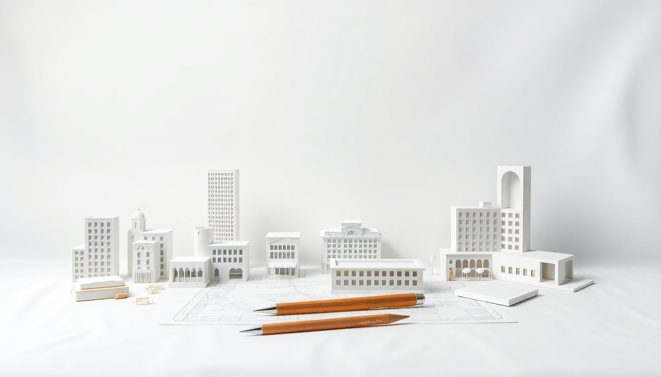 A high-end, photorealistic studio still-life photograph featuring a collection of architectural models, blueprints, and drafting tools arranged elegantly on a clean, monochromatic seamless background, conceptually representing the various elements of a proposed redevelopment project.