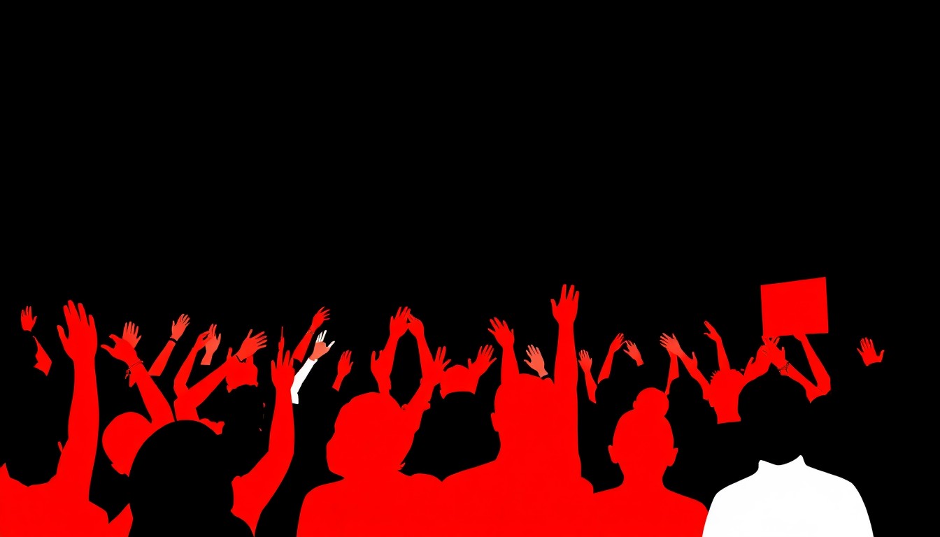 An abstract illustration featuring bold, jagged black silhouettes of musicians and concertgoers against a bright red background, capturing the energetic spirit of an outdoor music festival.