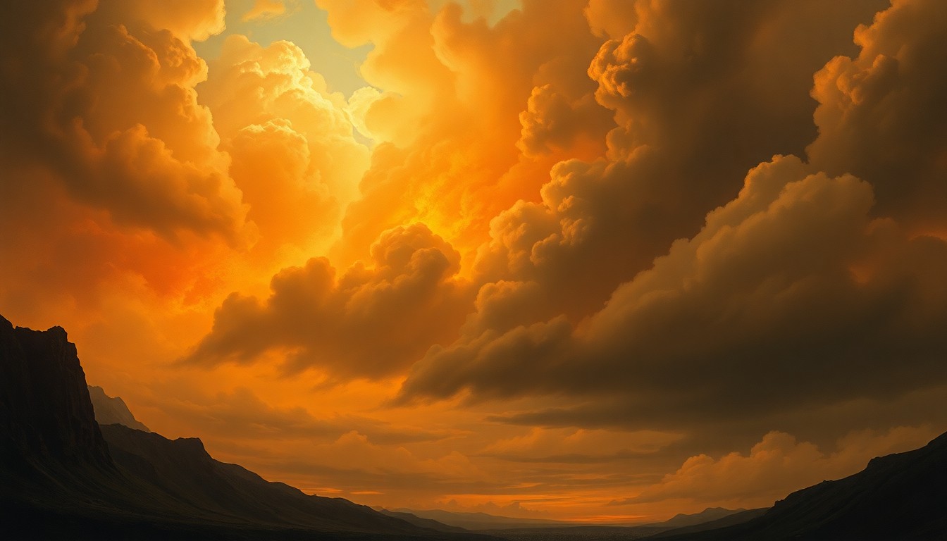 A sweeping, atmospheric landscape painting in muted tones of orange, gray, and blue, with a massive plume of smoke rising in the distance, conceptually representing the overwhelming scale of a wildfire.