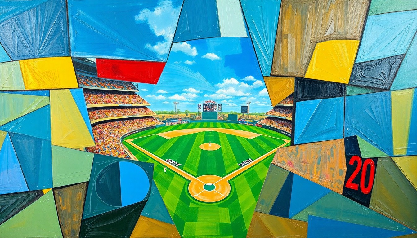 A fractured, geometric painting depicting a college baseball game or match, with sharp planes of color and overlapping perspectives capturing the dynamic action on the field.