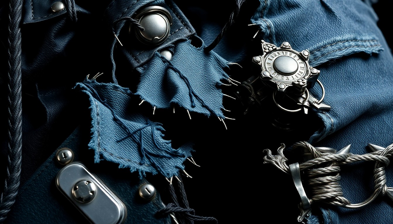 An abstract close-up photograph featuring shredded black leather, glistening chrome hardware, and tattered denim fabric, conveying the gritty, high-energy spirit of 80s heavy metal music.